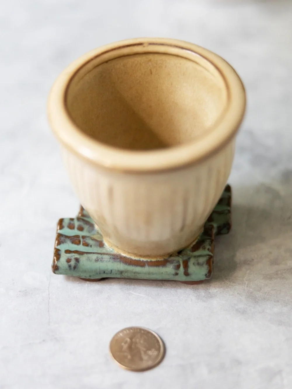 Asian ceramic planter with faux bamboo base 3.5